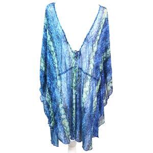 Vintage Y2K Blue Green Snakeskin Croc Swimsuit Cover up Sheer Kimono Cyn Luca M